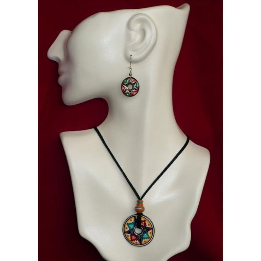 Peruvian Ceramic Earring & Pendant Set - Orange - NEW